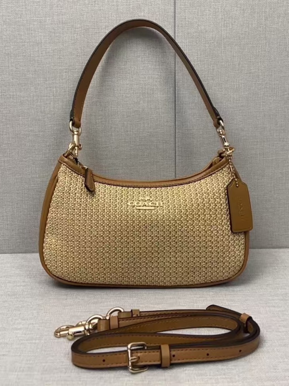 Coach Tan Woven Shoulder Bag with Leather Trim and Gold Hardware
